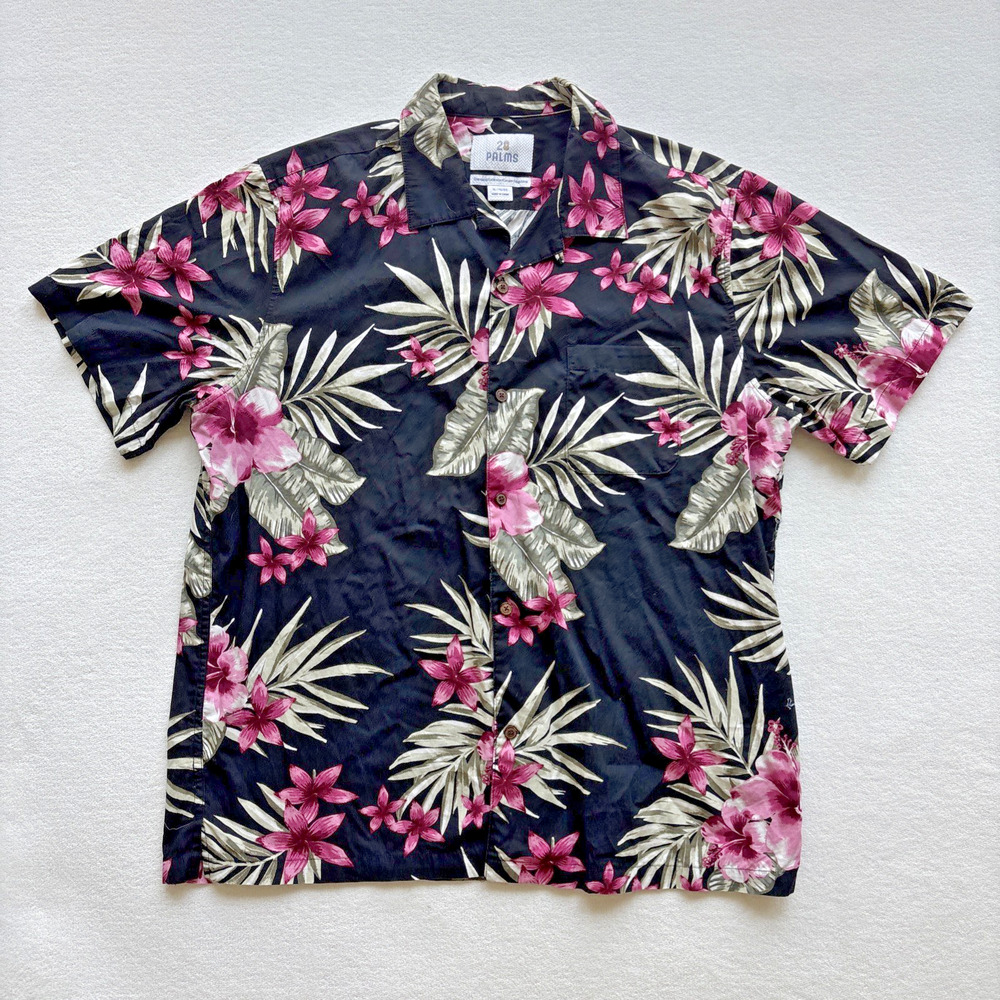28 Palms Tropical Floral Button Down Shirt Mens XL Black Pink Hibiscus Palm Leaf